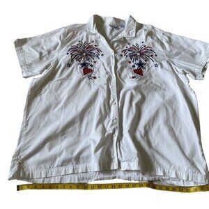 Womens White Button-Up Shirt With Fireworks Embroidery Bobbie Brooks 100% Cotton